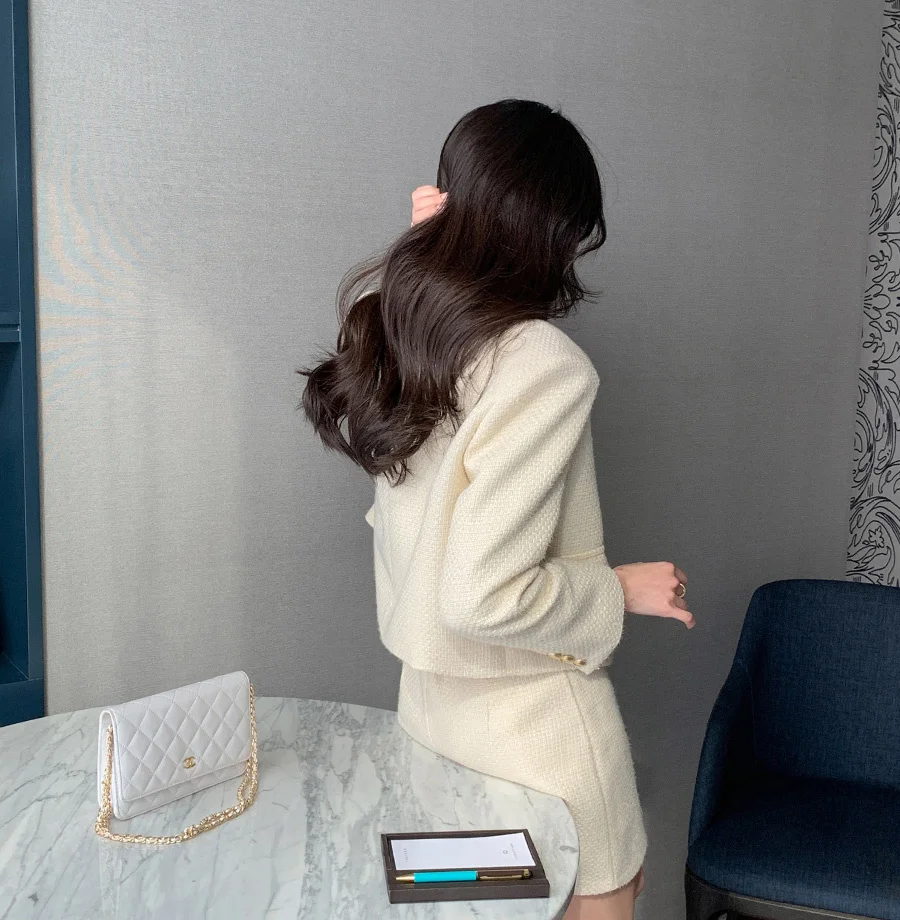 New Korean Fashion Tweed Two Piece Set For Women Autumn Winter Elegant Long Sleeve Short Jacket Coat + Mini Skirt Suits OL
