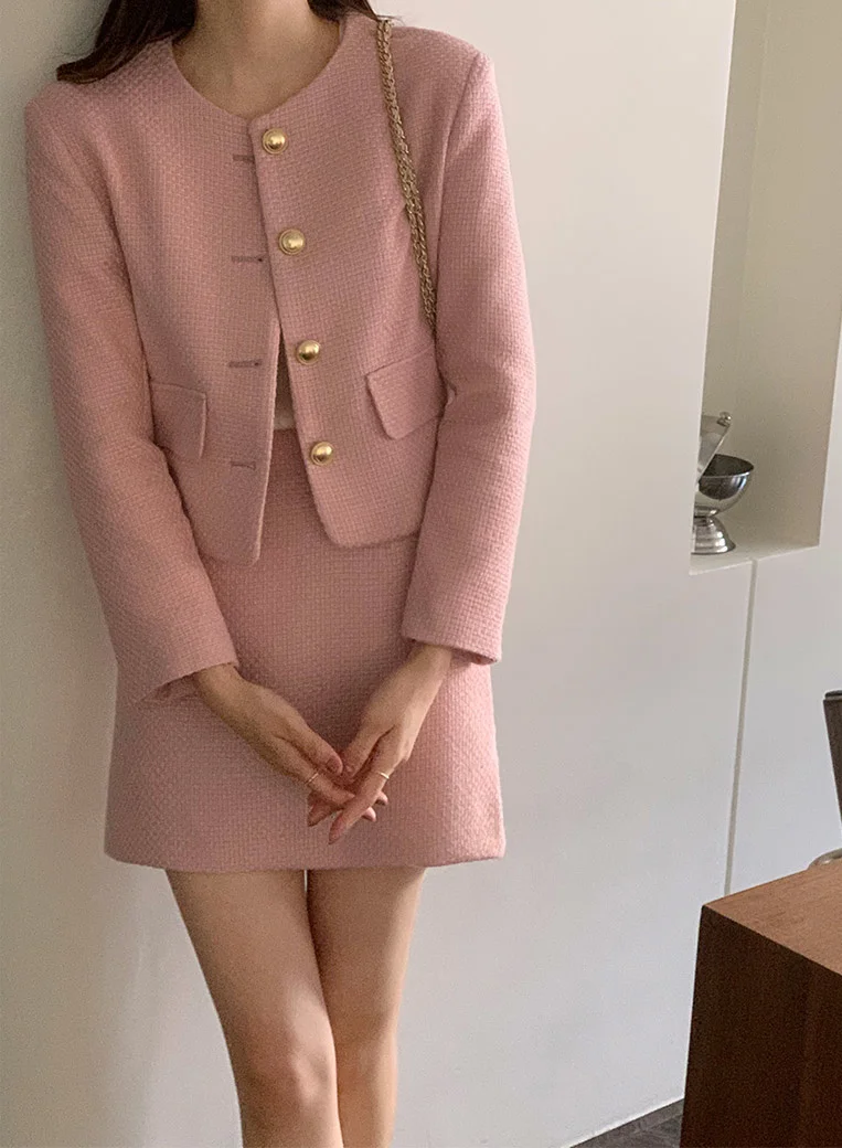 New Korean Fashion Tweed Two Piece Set For Women Autumn Winter Elegant Long Sleeve Short Jacket Coat + Mini Skirt Suits OL
