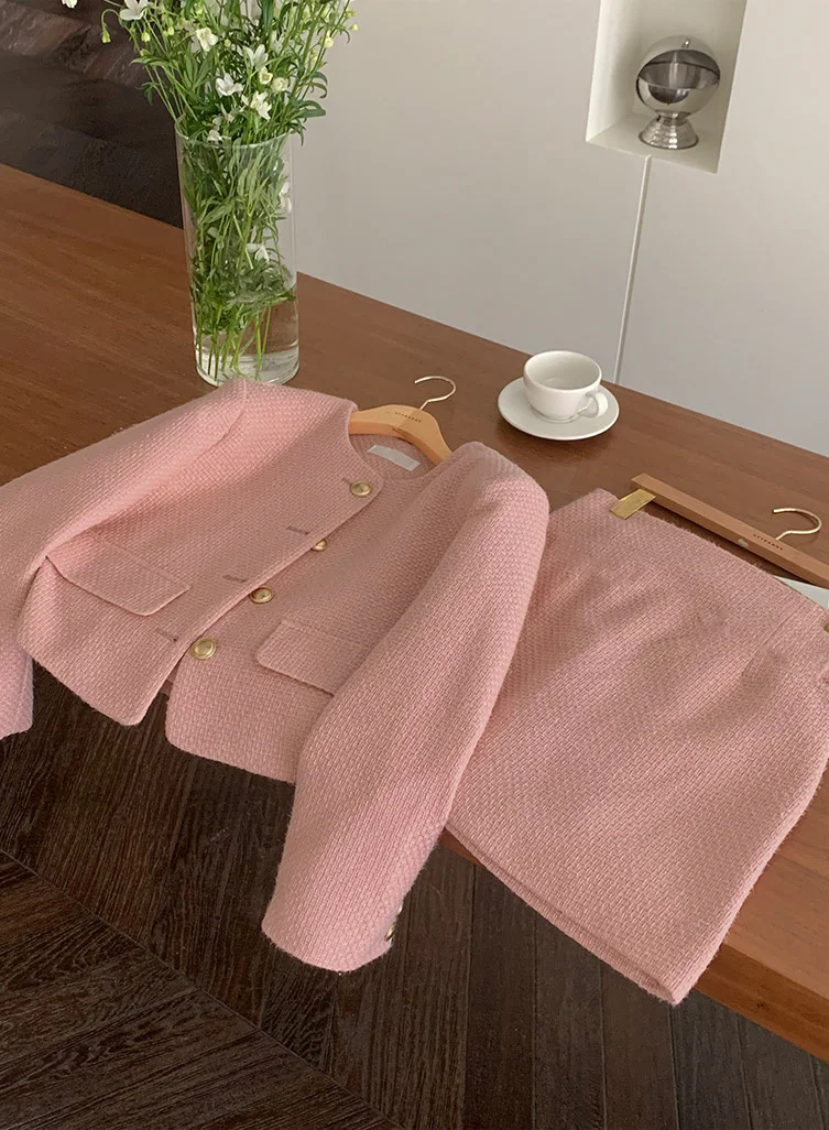 New Korean Fashion Tweed Two Piece Set For Women Autumn Winter Elegant Long Sleeve Short Jacket Coat + Mini Skirt Suits OL