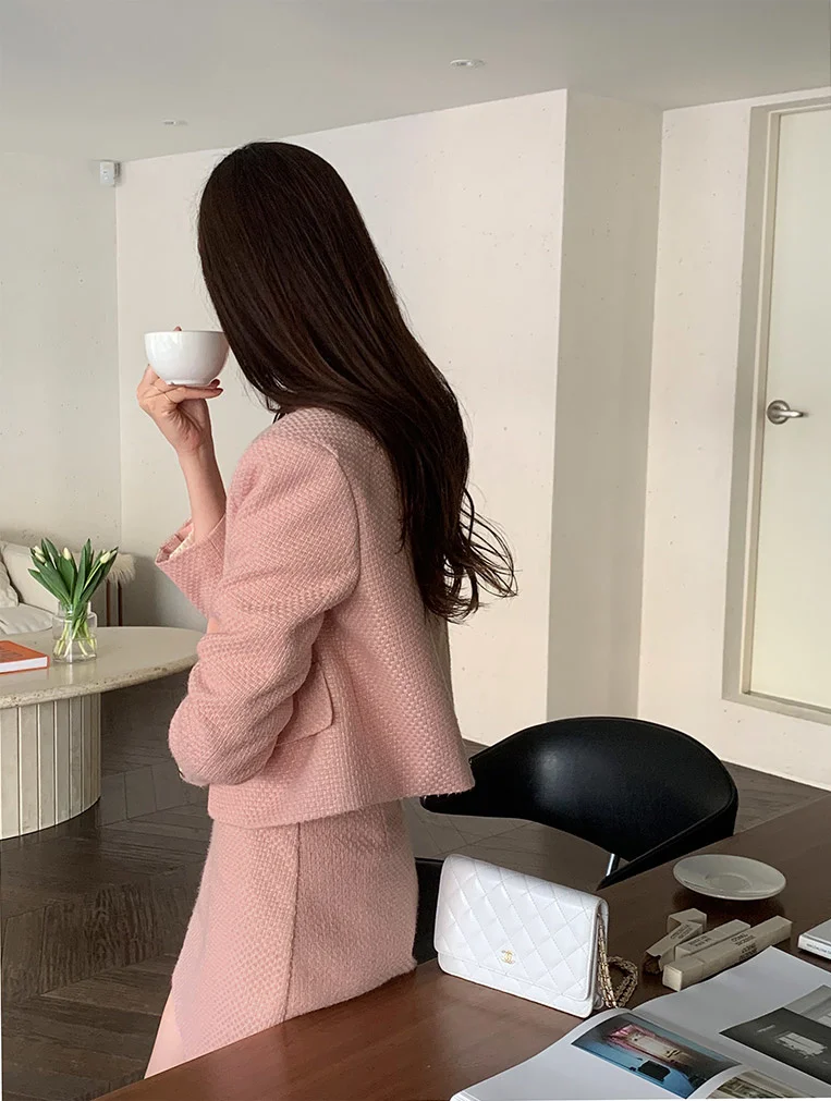 New Korean Fashion Tweed Two Piece Set For Women Autumn Winter Elegant Long Sleeve Short Jacket Coat + Mini Skirt Suits OL