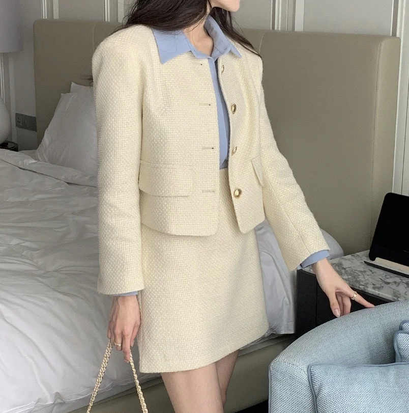 New Korean Fashion Tweed Two Piece Set For Women Autumn Winter Elegant Long Sleeve Short Jacket Coat + Mini Skirt Suits OL