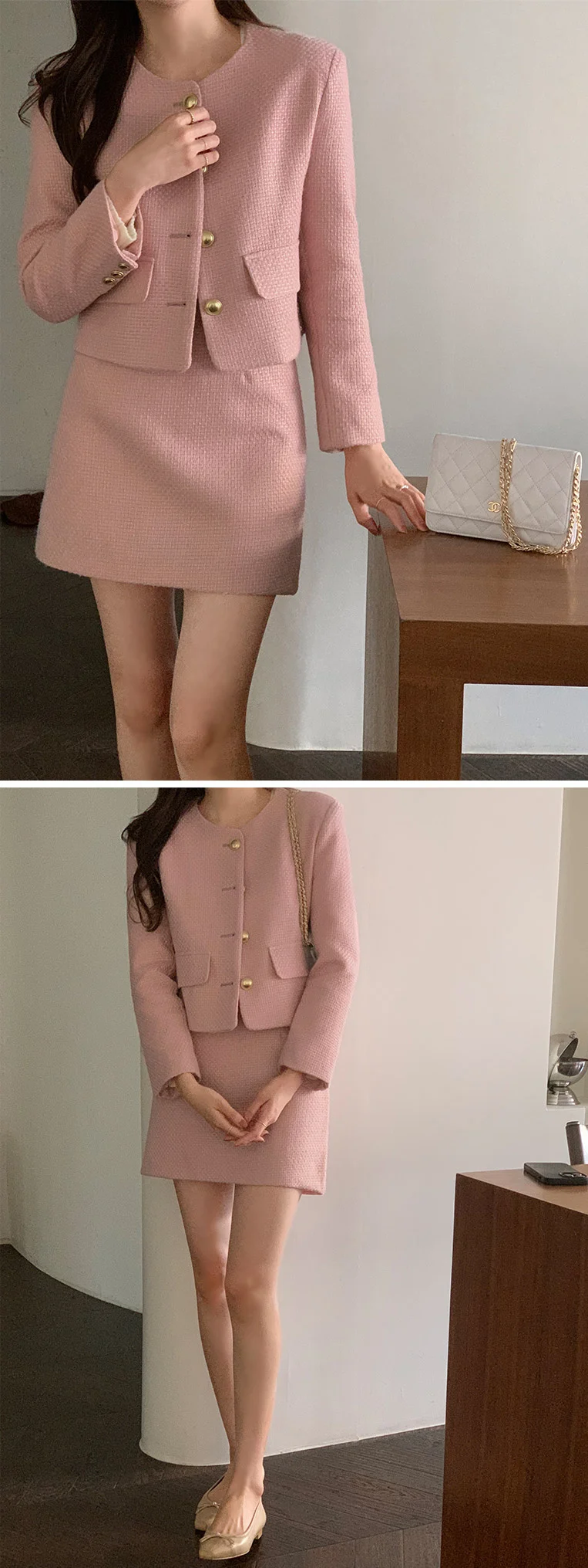 New Korean Fashion Tweed Two Piece Set For Women Autumn Winter Elegant Long Sleeve Short Jacket Coat + Mini Skirt Suits OL