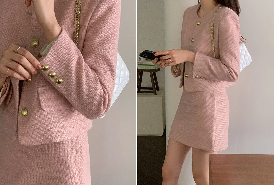 New Korean Fashion Tweed Two Piece Set For Women Autumn Winter Elegant Long Sleeve Short Jacket Coat + Mini Skirt Suits OL