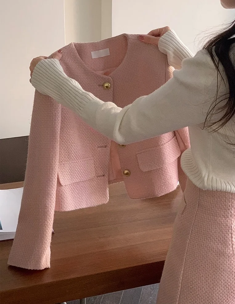 New Korean Fashion Tweed Two Piece Set For Women Autumn Winter Elegant Long Sleeve Short Jacket Coat + Mini Skirt Suits OL