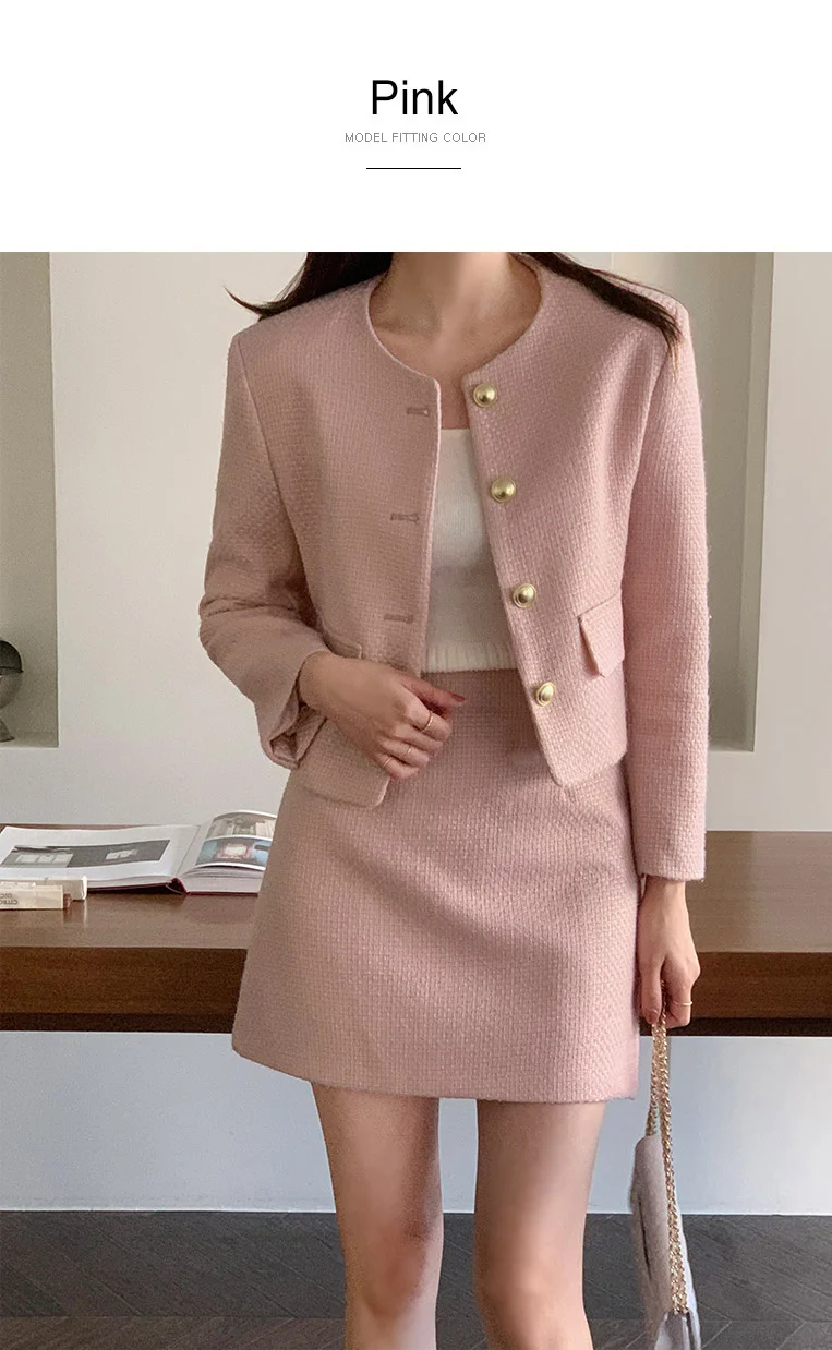 New Korean Fashion Tweed Two Piece Set For Women Autumn Winter Elegant Long Sleeve Short Jacket Coat + Mini Skirt Suits OL