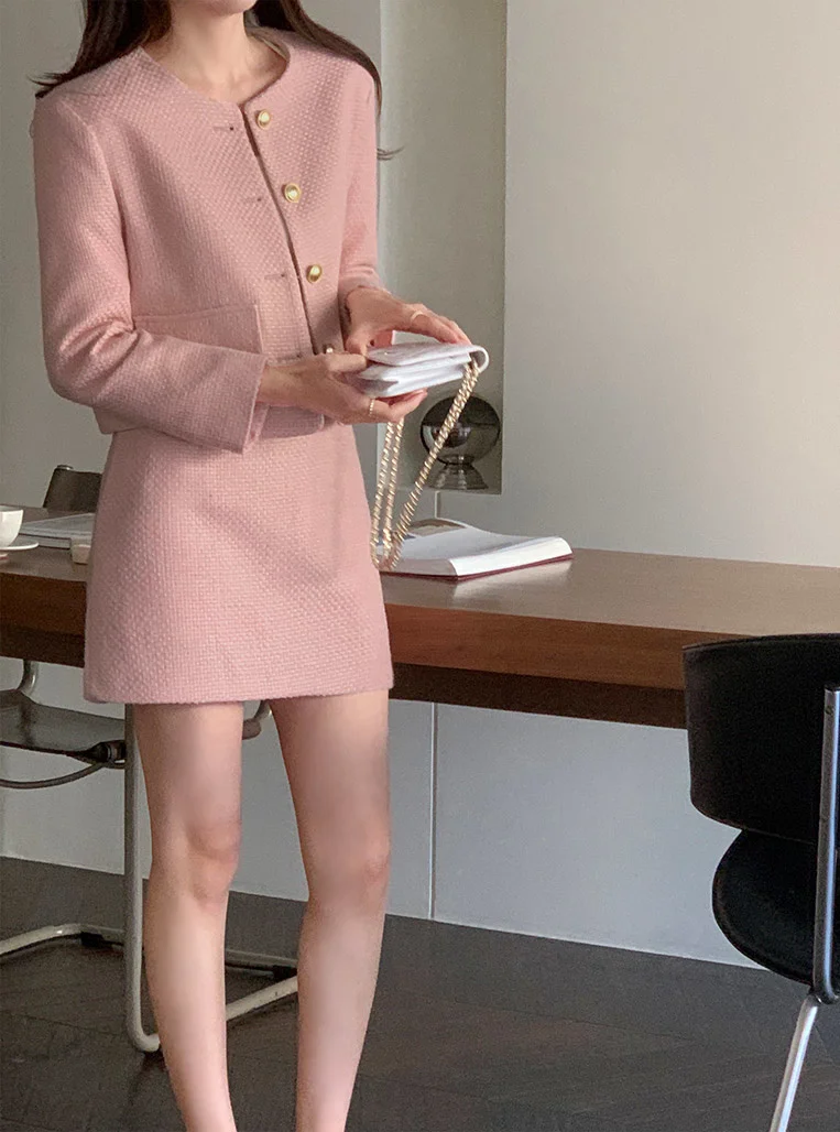 New Korean Fashion Tweed Two Piece Set For Women Autumn Winter Elegant Long Sleeve Short Jacket Coat + Mini Skirt Suits OL