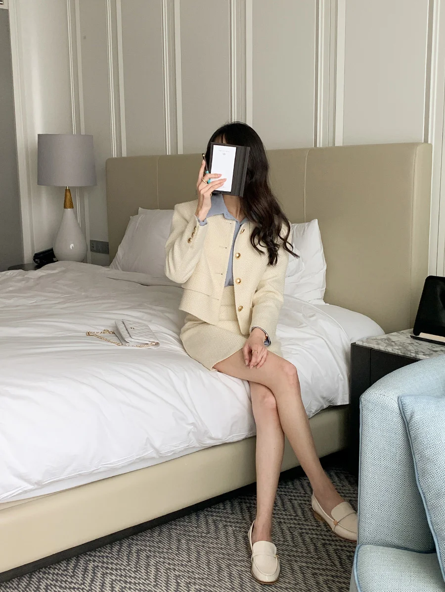New Korean Fashion Tweed Two Piece Set For Women Autumn Winter Elegant Long Sleeve Short Jacket Coat + Mini Skirt Suits OL