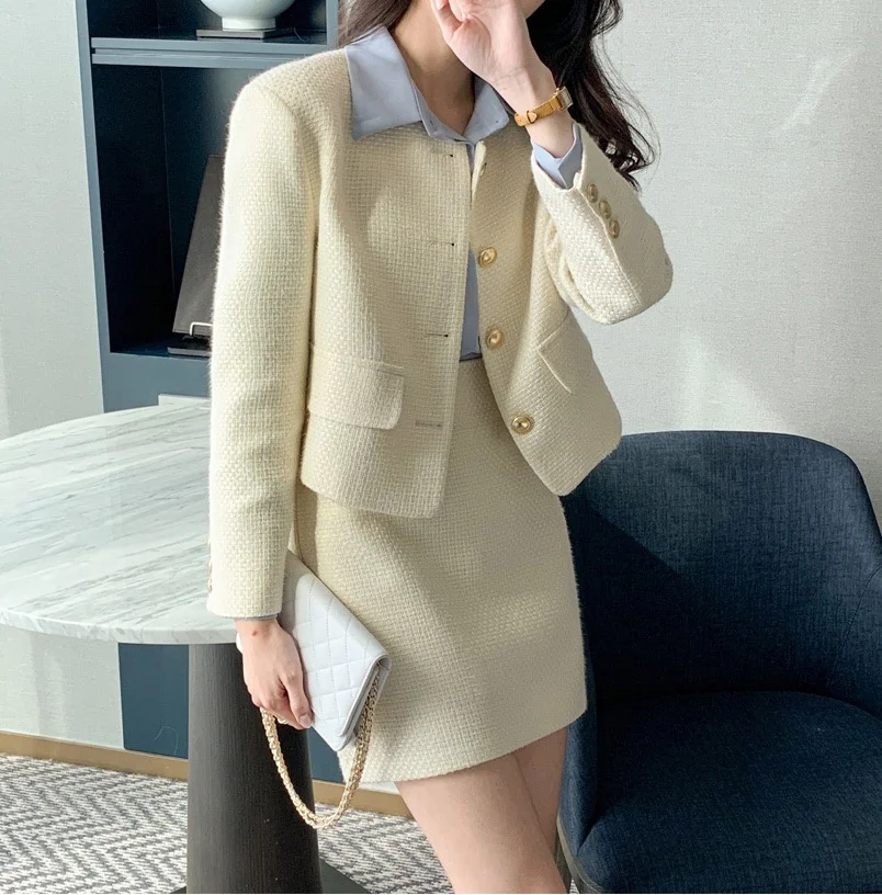 New Korean Fashion Tweed Two Piece Set For Women Autumn Winter Elegant Long Sleeve Short Jacket Coat + Mini Skirt Suits OL