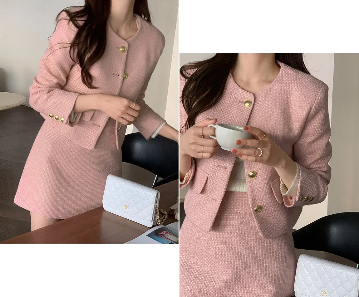 New Korean Fashion Tweed Two Piece Set For Women Autumn Winter Elegant Long Sleeve Short Jacket Coat + Mini Skirt Suits OL