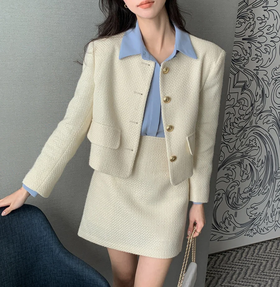 New Korean Fashion Tweed Two Piece Set For Women Autumn Winter Elegant Long Sleeve Short Jacket Coat + Mini Skirt Suits OL