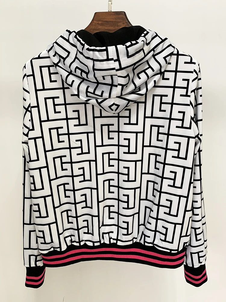HIGH STREET Newest Fashion 2026 F/W Designer Jacket Women's Geometric Monogram Printed Velvet Hooded Bomber Jacket
