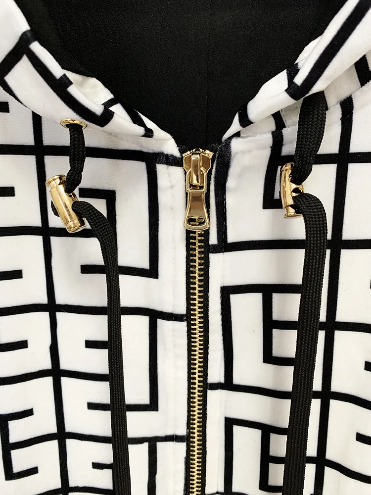 HIGH STREET Newest Fashion 2026 F/W Designer Jacket Women's Geometric Monogram Printed Velvet Hooded Bomber Jacket