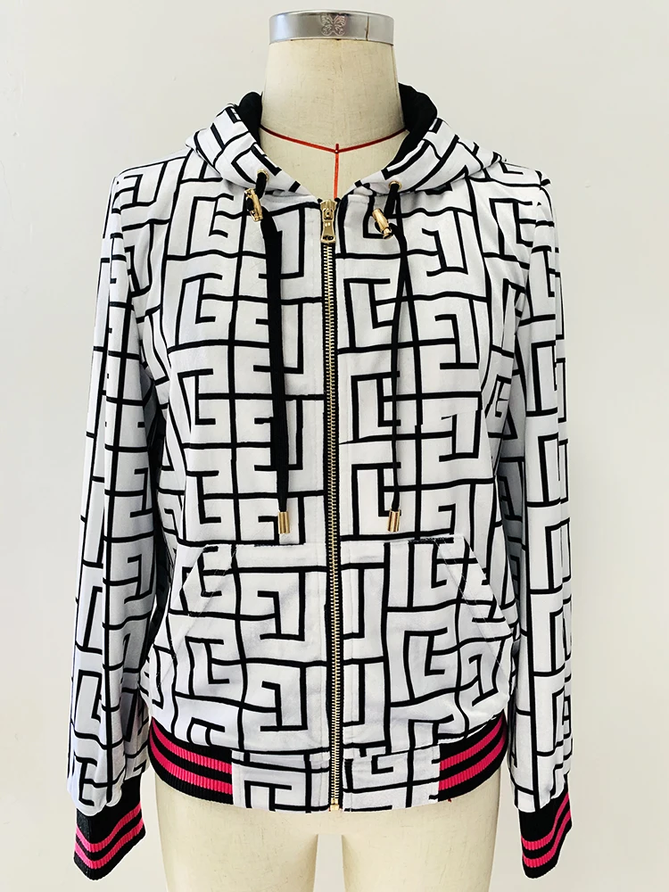 HIGH STREET Newest Fashion 2026 F/W Designer Jacket Women's Geometric Monogram Printed Velvet Hooded Bomber Jacket