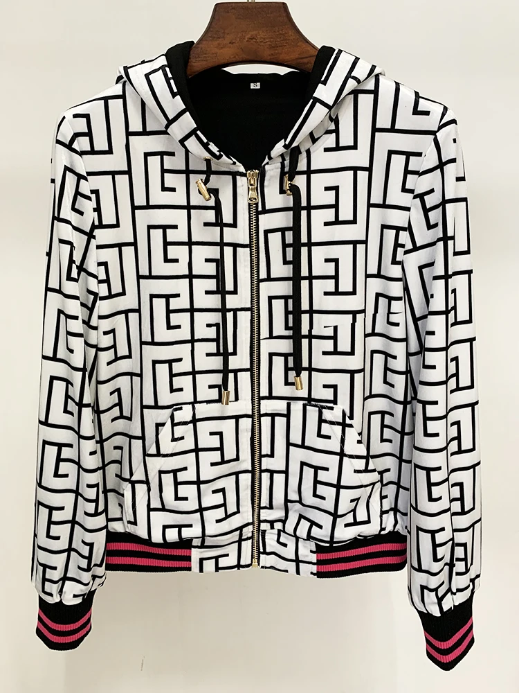 HIGH STREET Newest Fashion 2026 F/W Designer Jacket Women's Geometric Monogram Printed Velvet Hooded Bomber Jacket