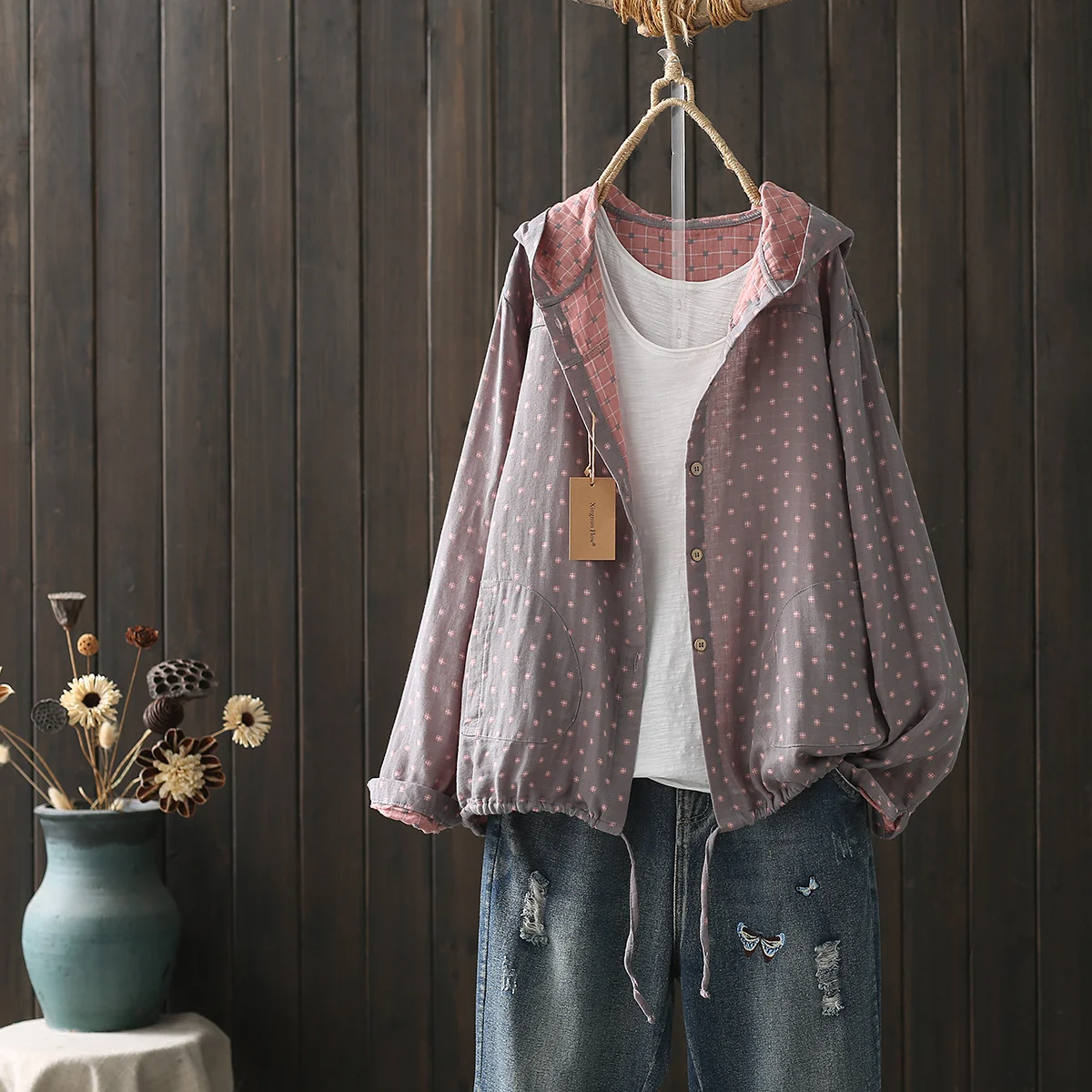 Large Size Blouses for Women Autumn Spring Hooded Long Sleeve Single-Breasted Shirts Adjustable Women's Clothing