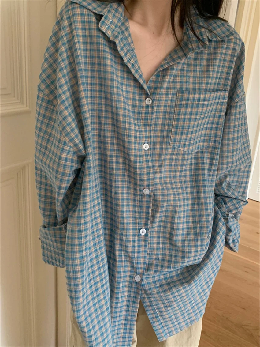 Alien Kitty Blue Plaid Shirts Women Autumn Chic Loose Oversize Fashion Slim New Full Sleeve Casual Daily All Match Gentle OL