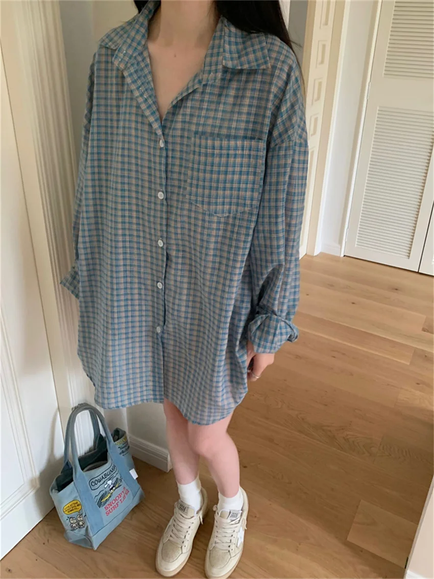Alien Kitty Blue Plaid Shirts Women Autumn Chic Loose Oversize Fashion Slim New Full Sleeve Casual Daily All Match Gentle OL