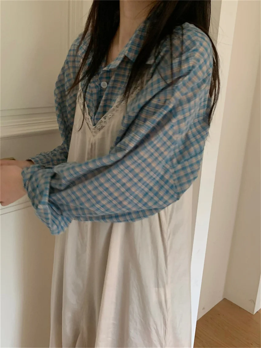 Alien Kitty Blue Plaid Shirts Women Autumn Chic Loose Oversize Fashion Slim New Full Sleeve Casual Daily All Match Gentle OL