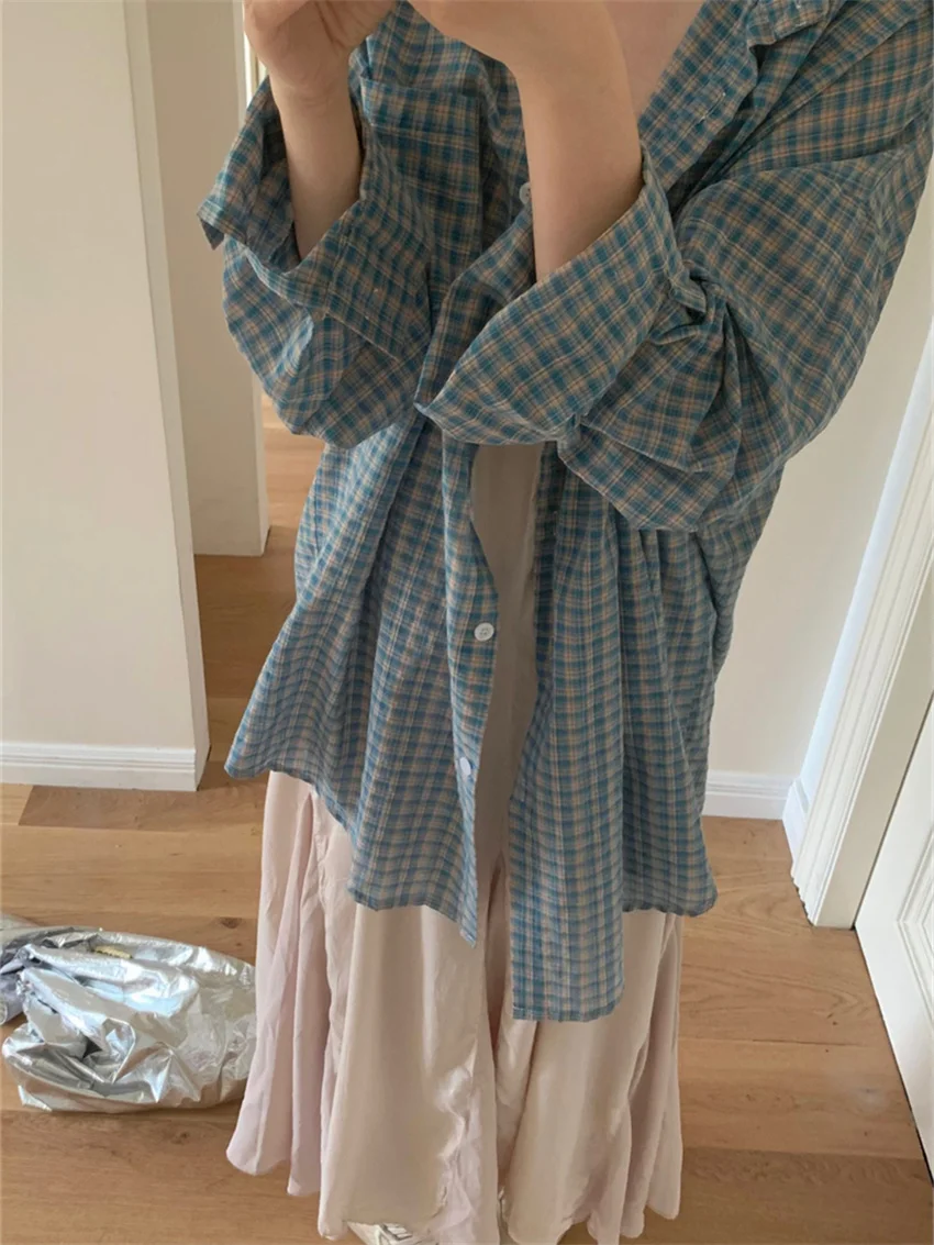 Alien Kitty Blue Plaid Shirts Women Autumn Chic Loose Oversize Fashion Slim New Full Sleeve Casual Daily All Match Gentle OL