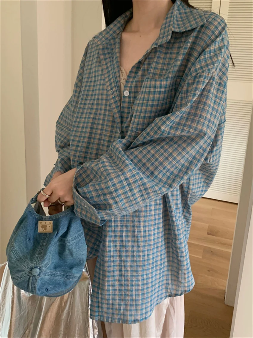 Alien Kitty Blue Plaid Shirts Women Autumn Chic Loose Oversize Fashion Slim New Full Sleeve Casual Daily All Match Gentle OL