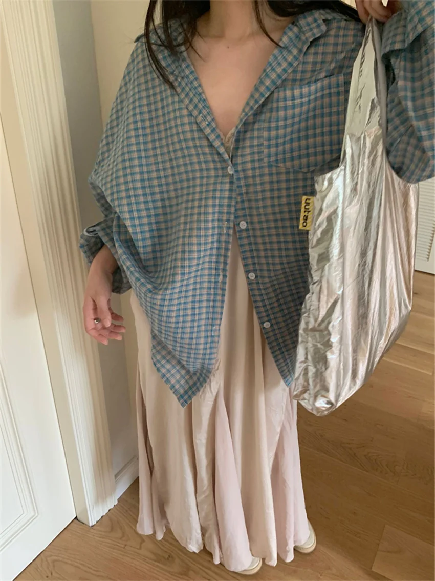 Alien Kitty Blue Plaid Shirts Women Autumn Chic Loose Oversize Fashion Slim New Full Sleeve Casual Daily All Match Gentle OL