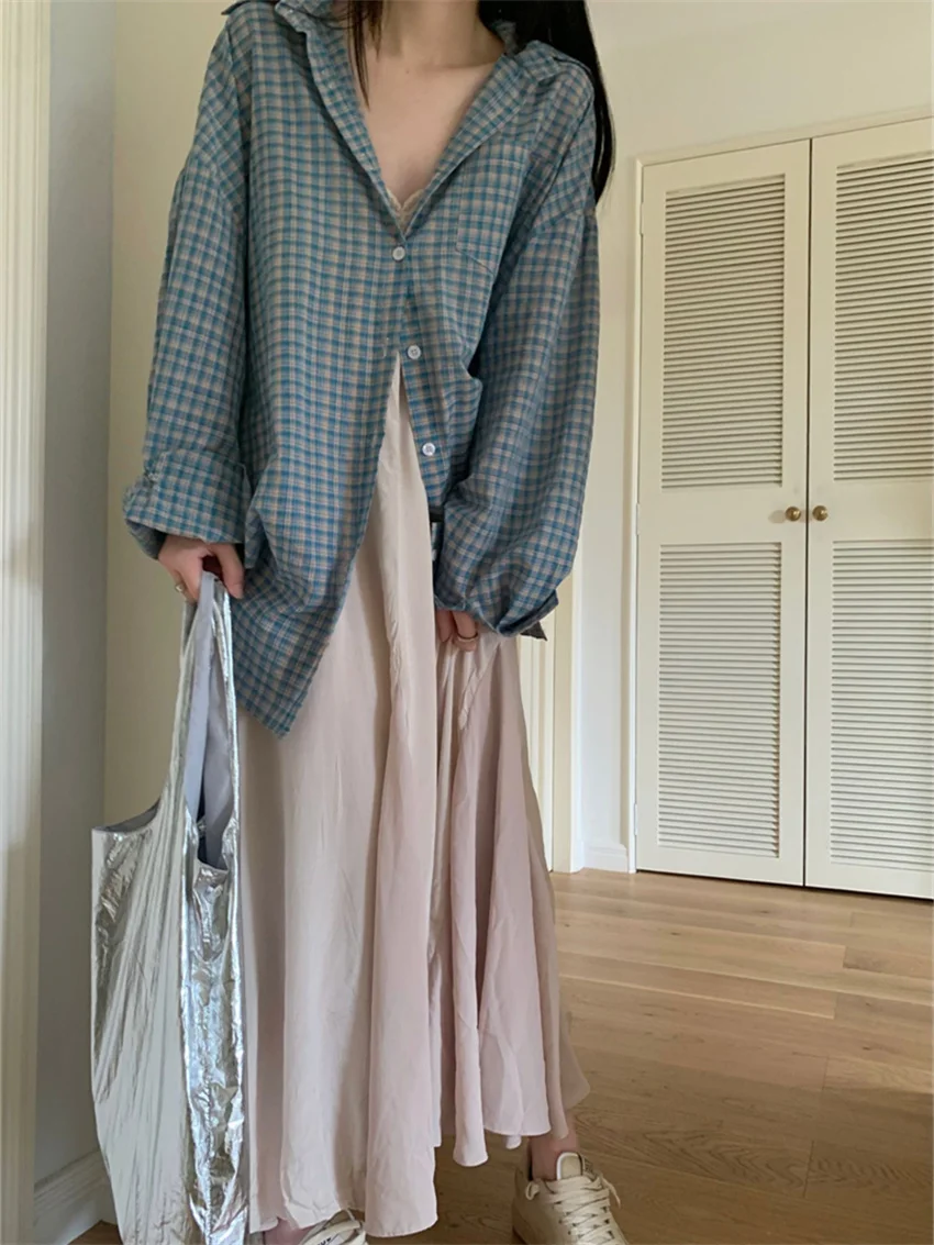 Alien Kitty Blue Plaid Shirts Women Autumn Chic Loose Oversize Fashion Slim New Full Sleeve Casual Daily All Match Gentle OL