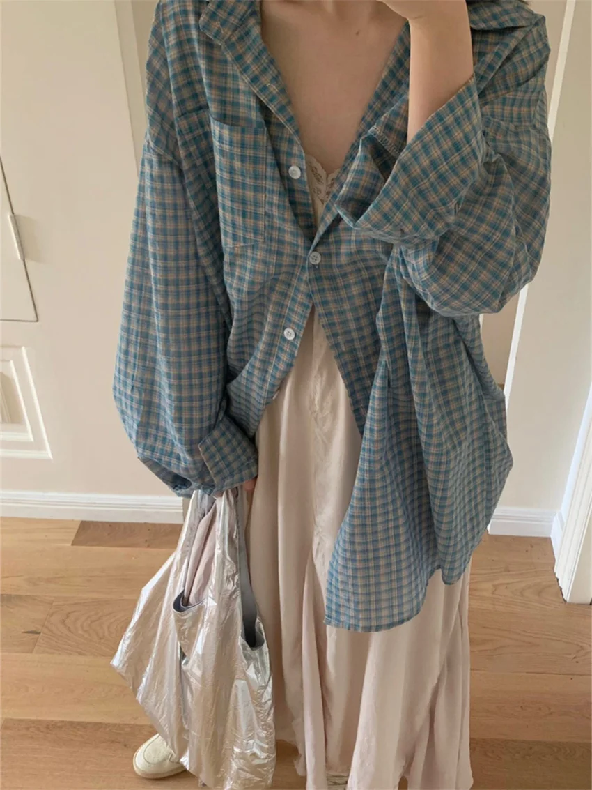 Alien Kitty Blue Plaid Shirts Women Autumn Chic Loose Oversize Fashion Slim New Full Sleeve Casual Daily All Match Gentle OL