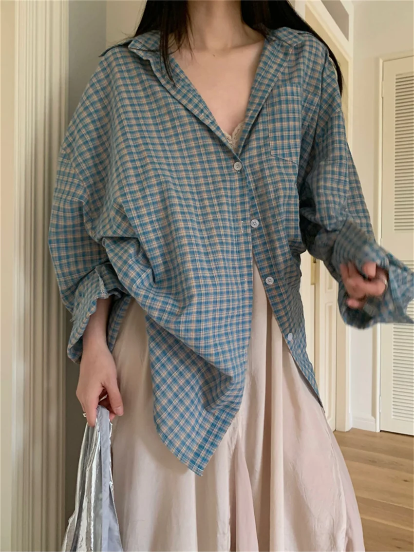 Alien Kitty Blue Plaid Shirts Women Autumn Chic Loose Oversize Fashion Slim New Full Sleeve Casual Daily All Match Gentle OL