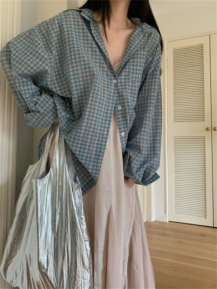 Alien Kitty Blue Plaid Shirts Women Autumn Chic Loose Oversize Fashion Slim New Full Sleeve Casual Daily All Match Gentle OL