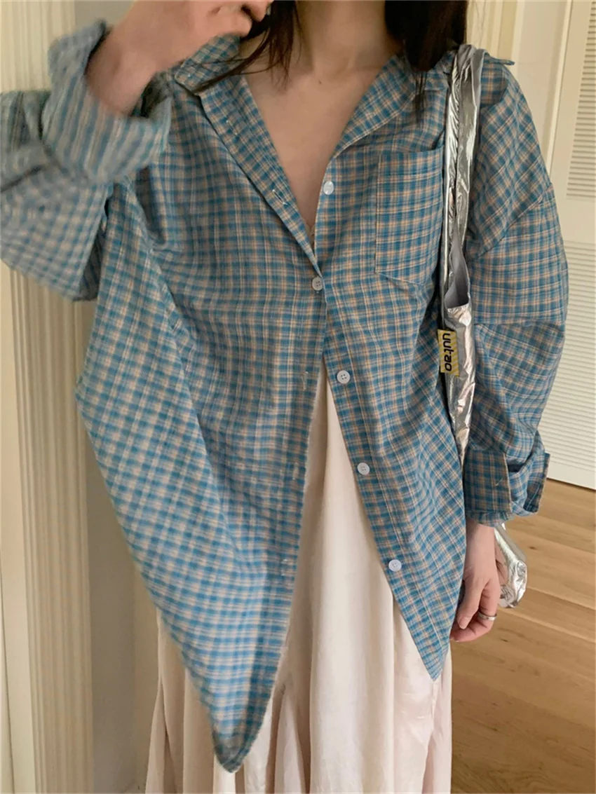 Alien Kitty Blue Plaid Shirts Women Autumn Chic Loose Oversize Fashion Slim New Full Sleeve Casual Daily All Match Gentle OL