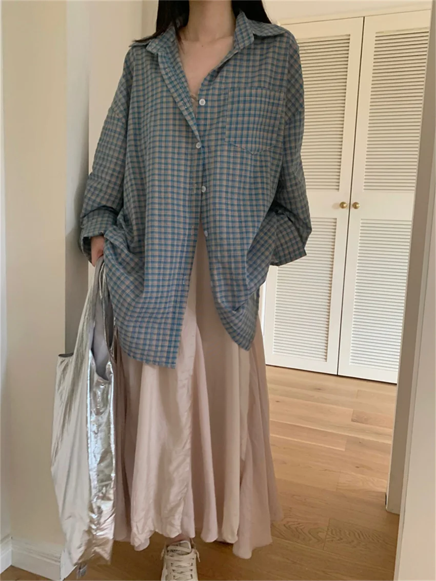 Alien Kitty Blue Plaid Shirts Women Autumn Chic Loose Oversize Fashion Slim New Full Sleeve Casual Daily All Match Gentle OL