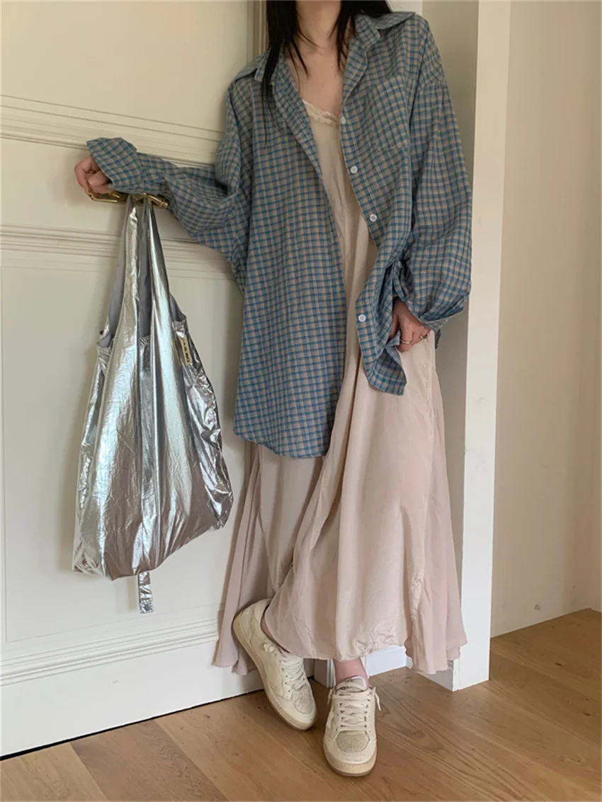 Alien Kitty Blue Plaid Shirts Women Autumn Chic Loose Oversize Fashion Slim New Full Sleeve Casual Daily All Match Gentle OL