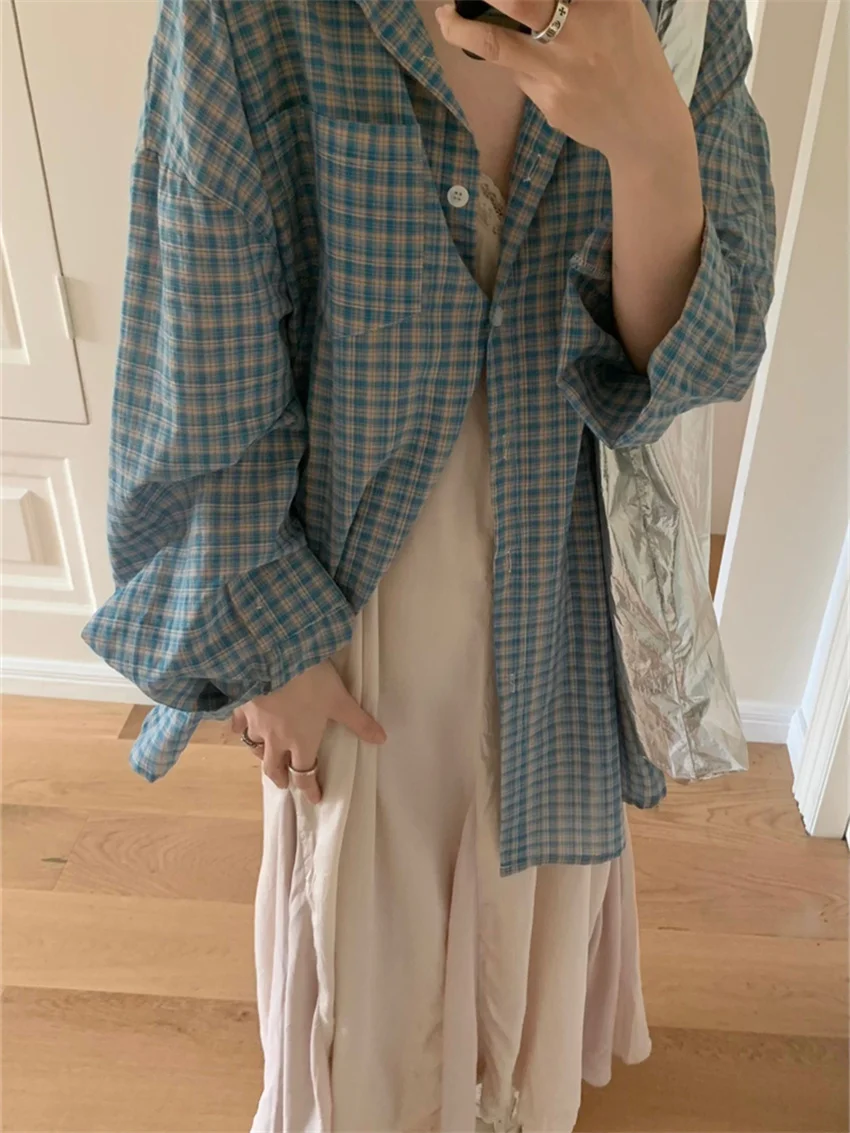 Alien Kitty Blue Plaid Shirts Women Autumn Chic Loose Oversize Fashion Slim New Full Sleeve Casual Daily All Match Gentle OL