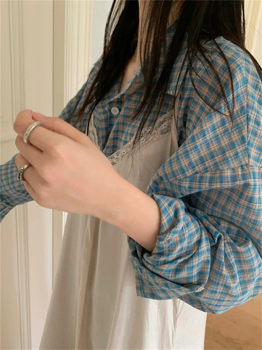 Alien Kitty Blue Plaid Shirts Women Autumn Chic Loose Oversize Fashion Slim New Full Sleeve Casual Daily All Match Gentle OL