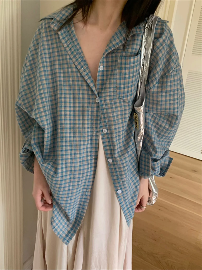 Alien Kitty Blue Plaid Shirts Women Autumn Chic Loose Oversize Fashion Slim New Full Sleeve Casual Daily All Match Gentle OL