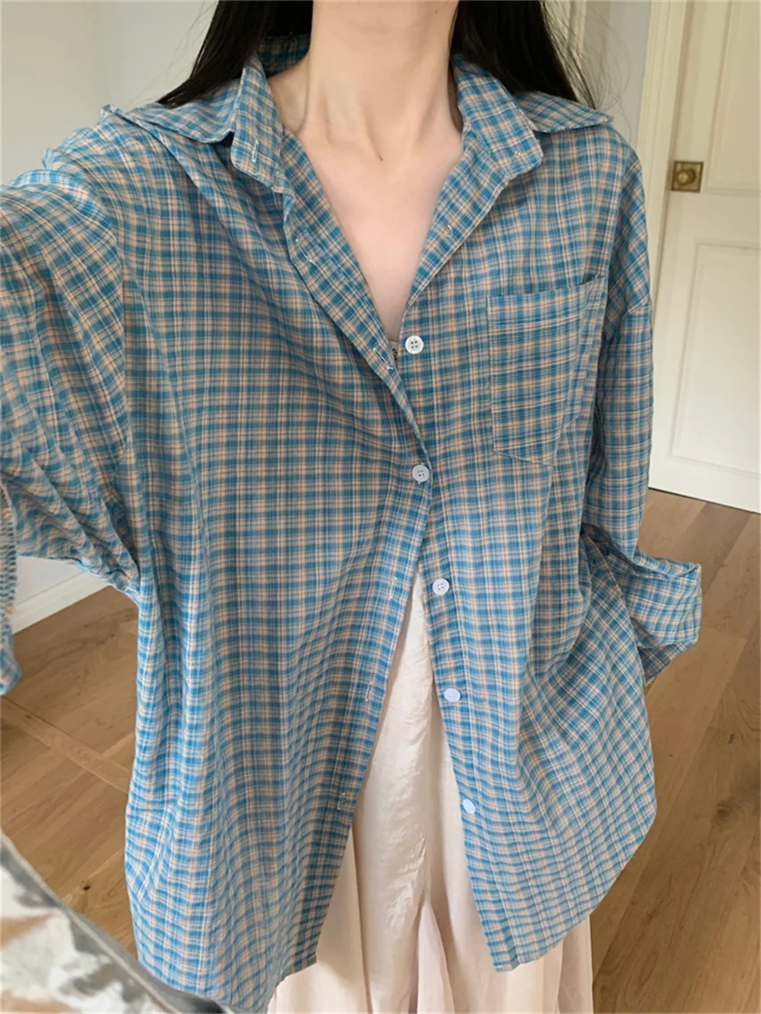 Alien Kitty Blue Plaid Shirts Women Autumn Chic Loose Oversize Fashion Slim New Full Sleeve Casual Daily All Match Gentle OL