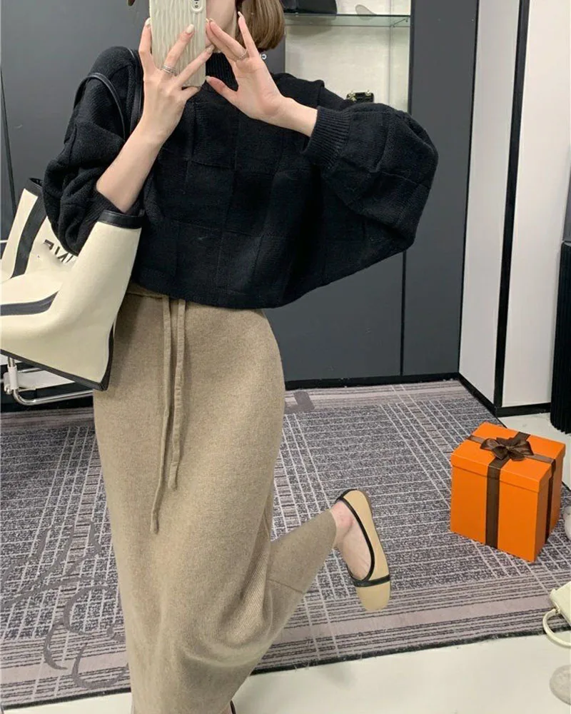 Xpqbb Gentle Style Knitted Skirts for Women Autumn Winter All-Match High Waist Long Skirt Woman Korean Temperament Midi Skirts