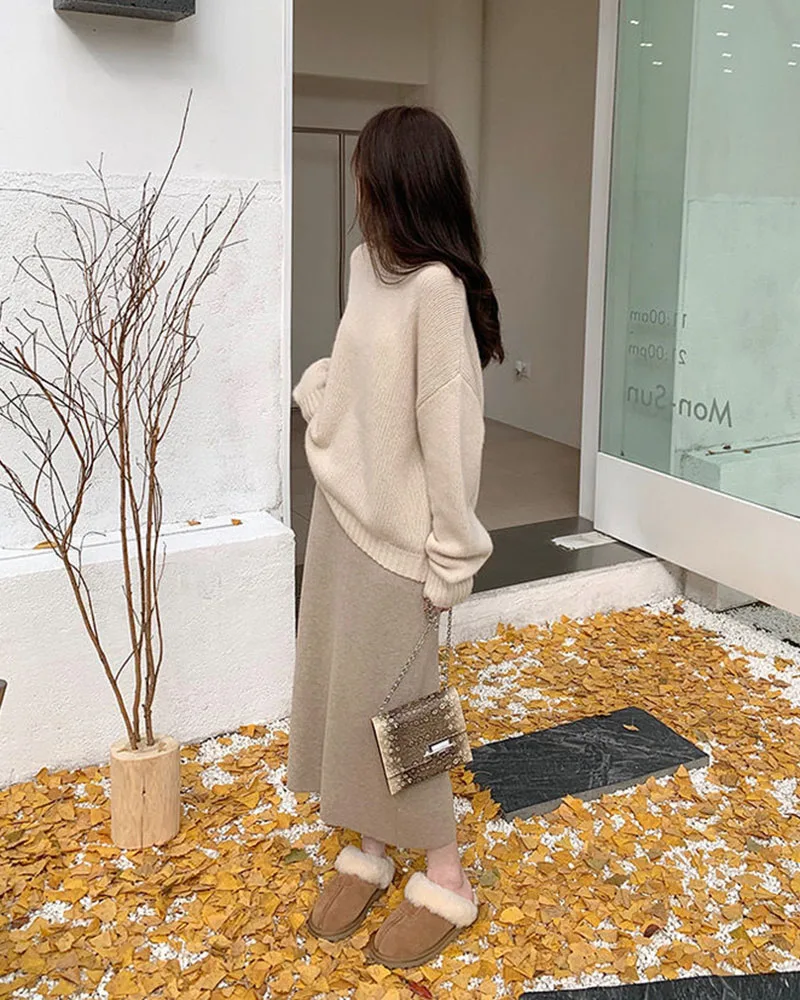 Xpqbb Gentle Style Knitted Skirts for Women Autumn Winter All-Match High Waist Long Skirt Woman Korean Temperament Midi Skirts