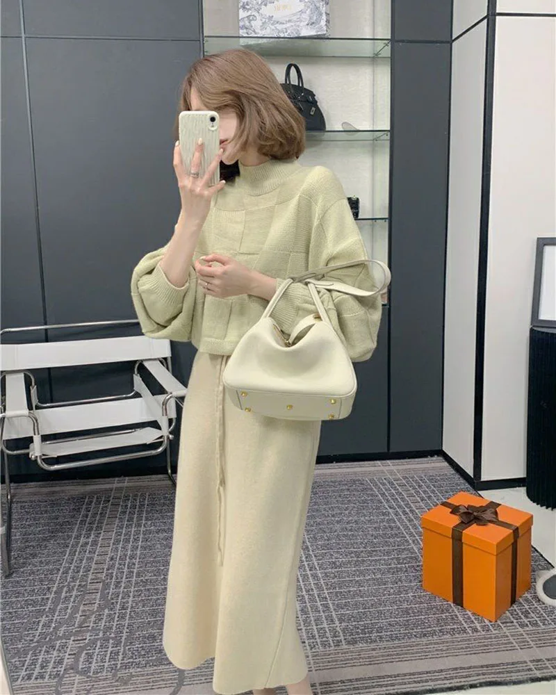 Xpqbb Gentle Style Knitted Skirts for Women Autumn Winter All-Match High Waist Long Skirt Woman Korean Temperament Midi Skirts