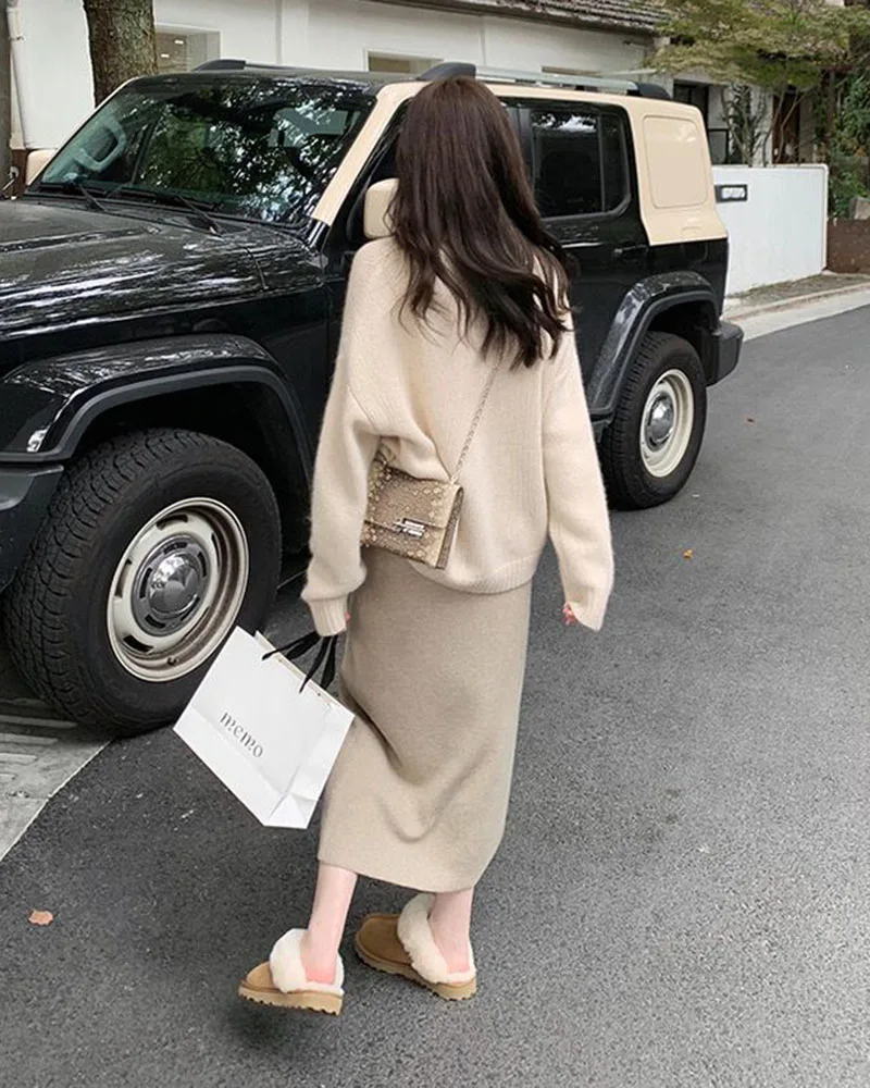Xpqbb Gentle Style Knitted Skirts for Women Autumn Winter All-Match High Waist Long Skirt Woman Korean Temperament Midi Skirts