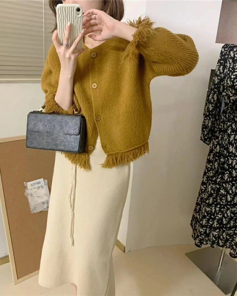 Xpqbb Gentle Style Knitted Skirts for Women Autumn Winter All-Match High Waist Long Skirt Woman Korean Temperament Midi Skirts