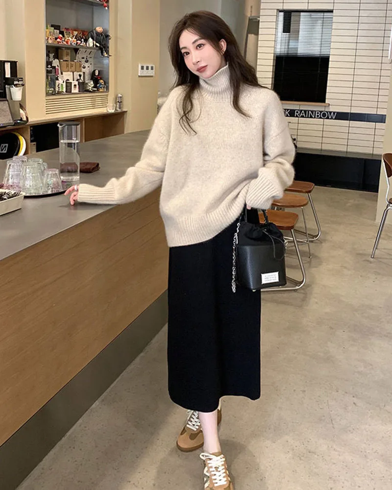 Xpqbb Gentle Style Knitted Skirts for Women Autumn Winter All-Match High Waist Long Skirt Woman Korean Temperament Midi Skirts