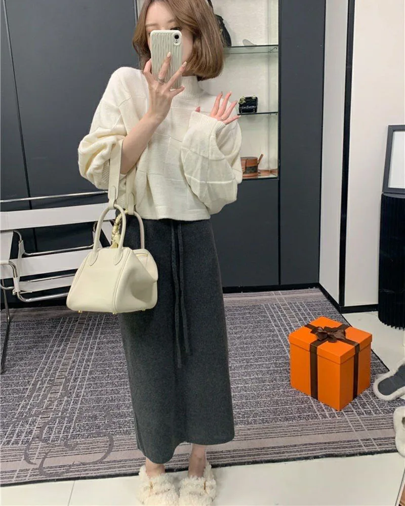 Xpqbb Gentle Style Knitted Skirts for Women Autumn Winter All-Match High Waist Long Skirt Woman Korean Temperament Midi Skirts