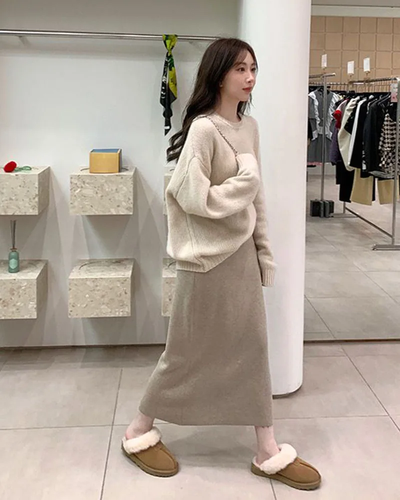 Xpqbb Gentle Style Knitted Skirts for Women Autumn Winter All-Match High Waist Long Skirt Woman Korean Temperament Midi Skirts