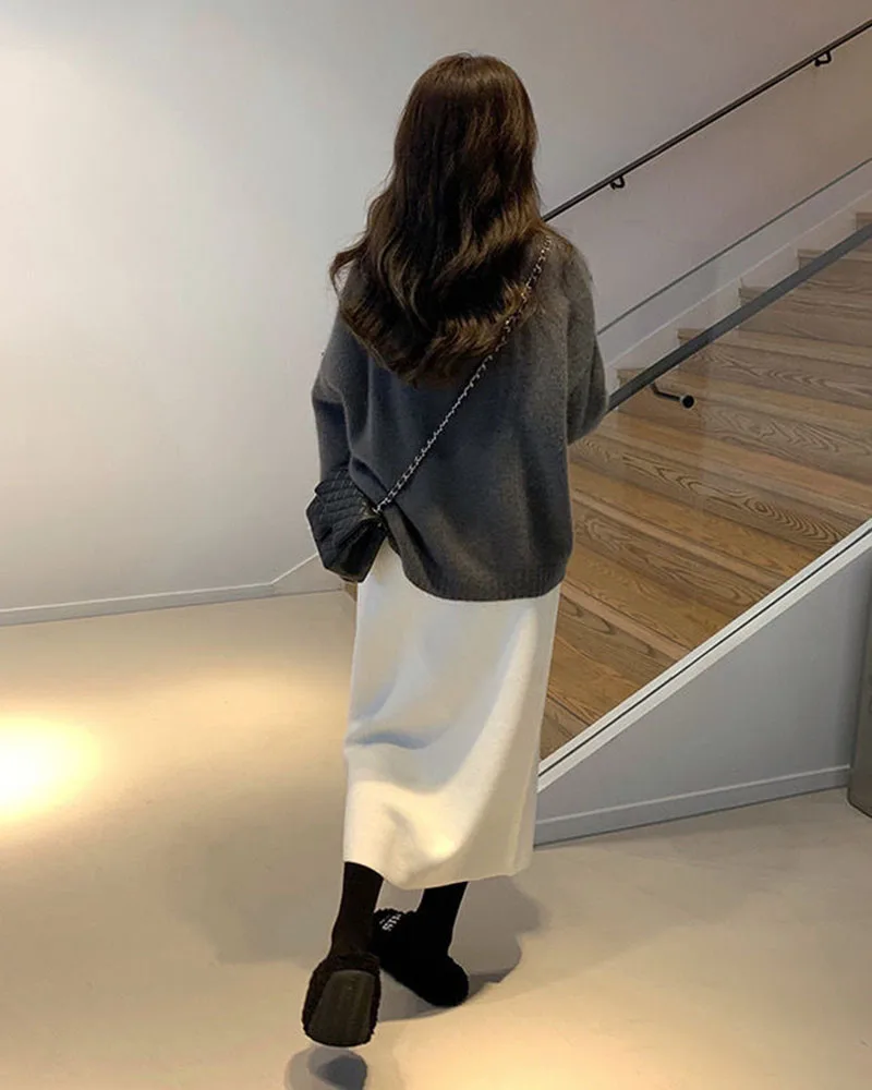 Xpqbb Gentle Style Knitted Skirts for Women Autumn Winter All-Match High Waist Long Skirt Woman Korean Temperament Midi Skirts