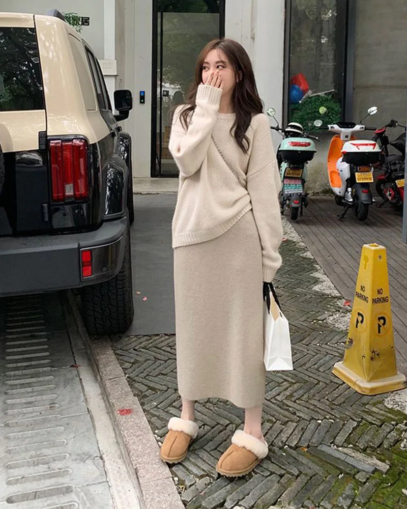 Xpqbb Gentle Style Knitted Skirts for Women Autumn Winter All-Match High Waist Long Skirt Woman Korean Temperament Midi Skirts