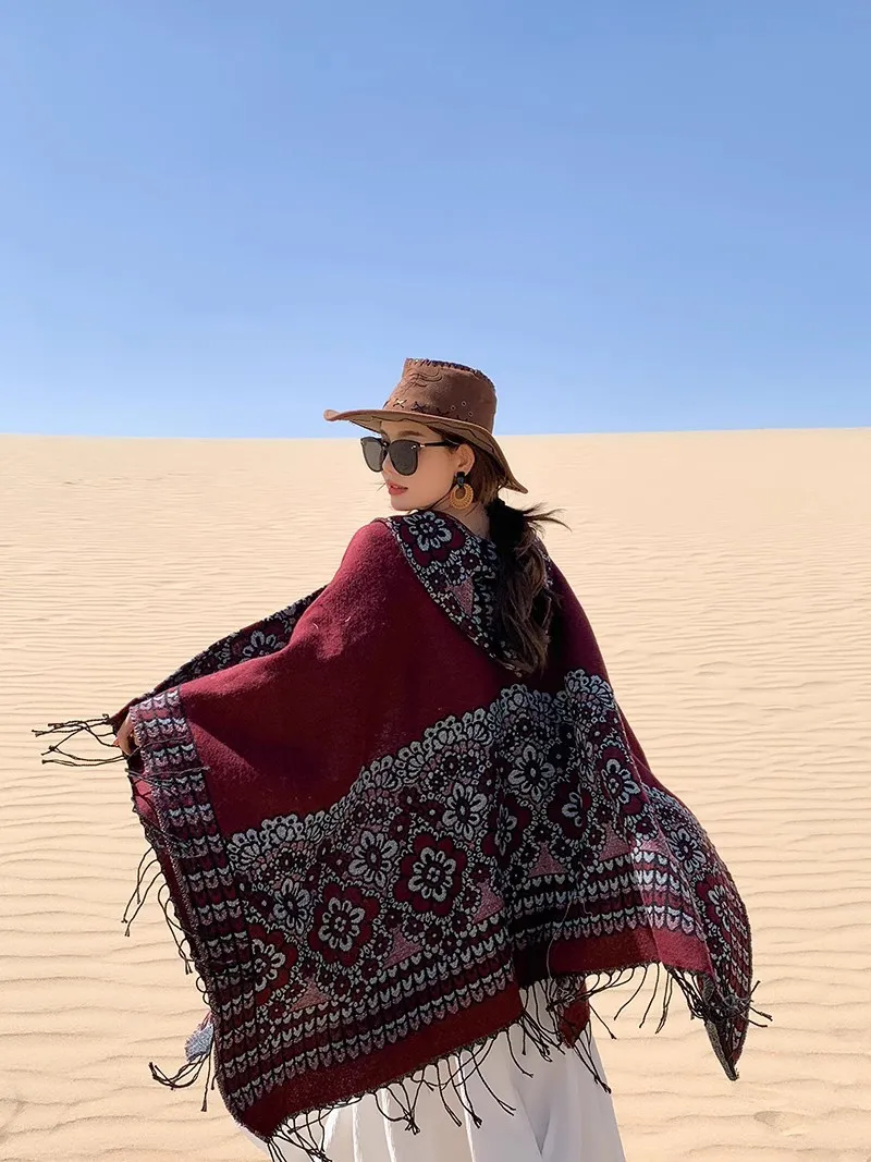 GypsyLady Boho Floral Knitted Cloaks Capes Hoodies Vintage Thick Warm Auturm Winter Women Ethnic Tassels Cloak Poncho Outwear