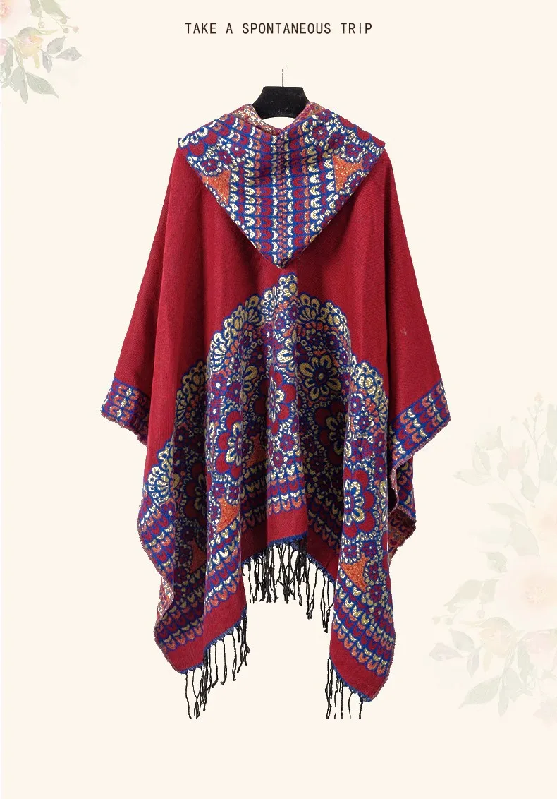 GypsyLady Boho Floral Knitted Cloaks Capes Hoodies Vintage Thick Warm Auturm Winter Women Ethnic Tassels Cloak Poncho Outwear
