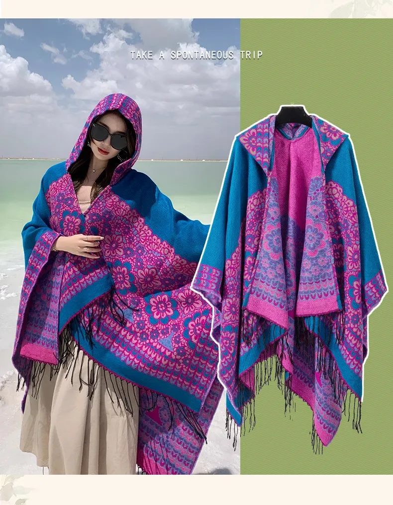 GypsyLady Boho Floral Knitted Cloaks Capes Hoodies Vintage Thick Warm Auturm Winter Women Ethnic Tassels Cloak Poncho Outwear