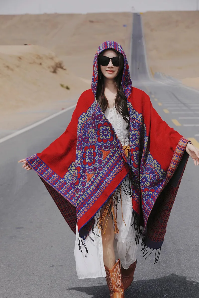 GypsyLady Boho Floral Knitted Cloaks Capes Hoodies Vintage Thick Warm Auturm Winter Women Ethnic Tassels Cloak Poncho Outwear